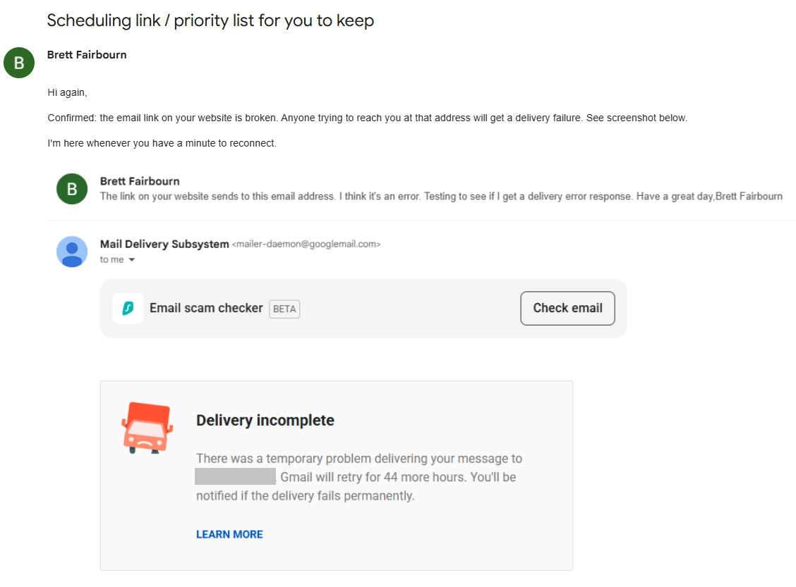 Screenshot of a Gmail delivery failure notification for a broken contact email link on a contractor's website